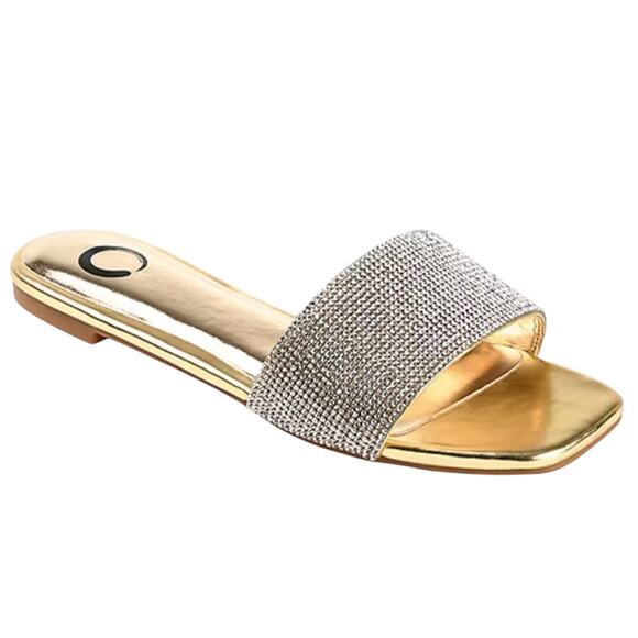 Journee Women's Grayce Rhinestone Flat Sandals Gold Size 6 1/2 - Picture 1 of 5